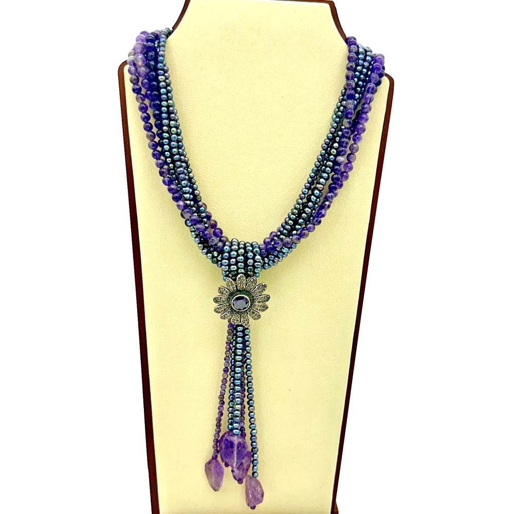 VTG Sterling Silver Natural Pearl Amethyst & Marcasite Statement Necklace Chunky